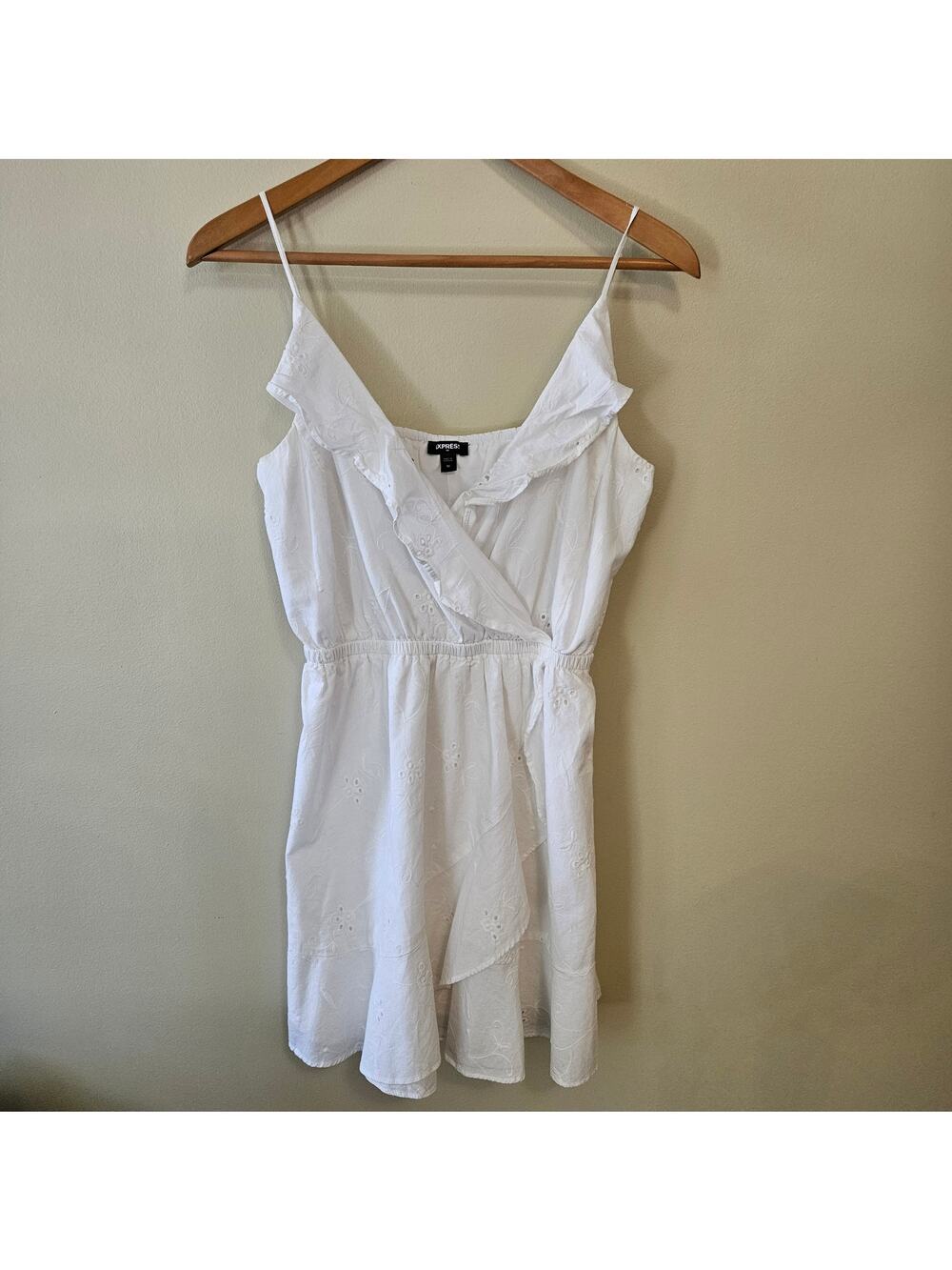 Express White Eyelet Dress Size Medium Ruffle Cottage Coquette Beach